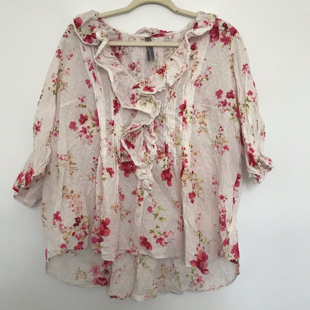 Anthropologie Floral Ruffle Peasant Top - Pink Size XL
